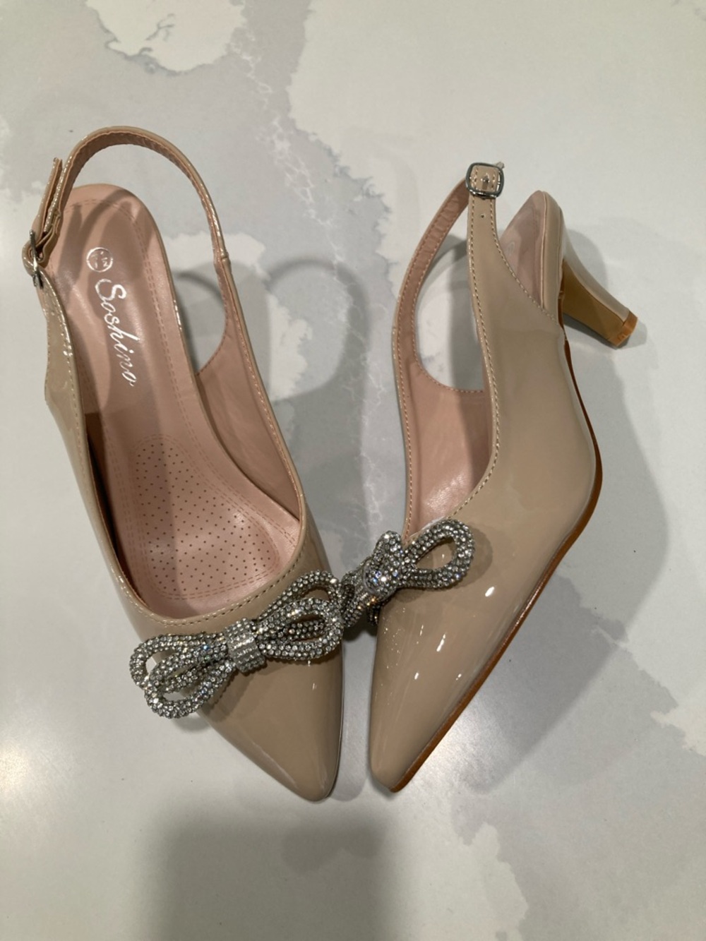 Nude Slingback Heels with Crystal Bow
